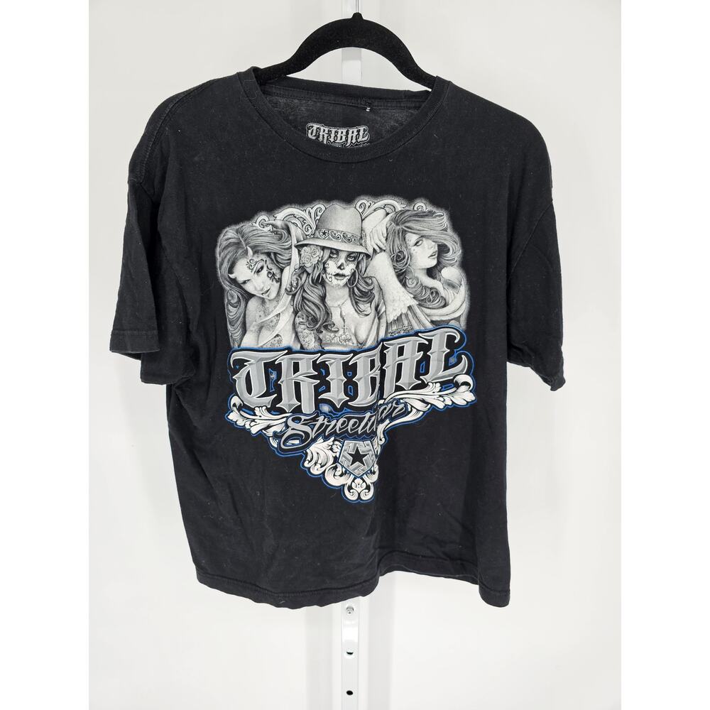 Y2K Tribal Men's Black Cotton Graphic Print Short Sleeve Crew Neck Tshirt Size L